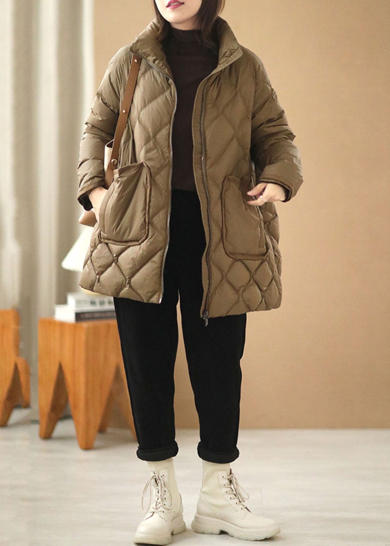 Fine Khaki Zip Up Oversized Thick Big Pockets Duck Down Puffer Jacket Winter - Down Jackets - DYAVOR®