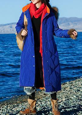 Fine Loose fitting winter jacket hooded Jackets blue side open zippered warm winter coat - - DYAVOR®