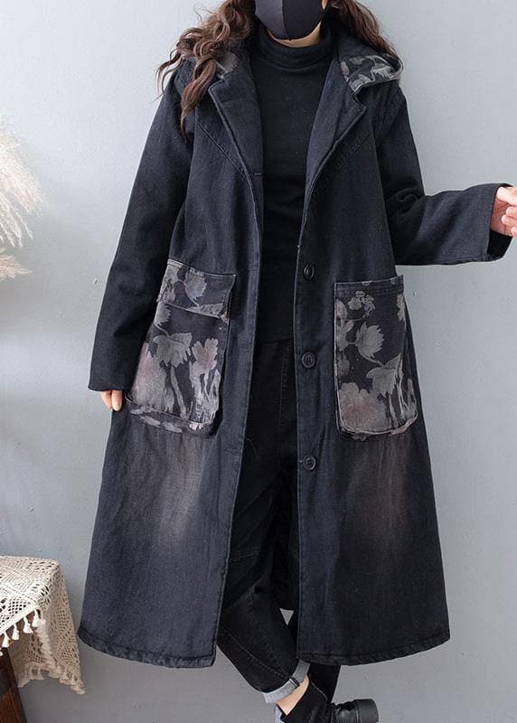 Fine Plus Size Clothing Coats Denim Black Hooded Pockets Outwear - Trench coats - DYAVOR®