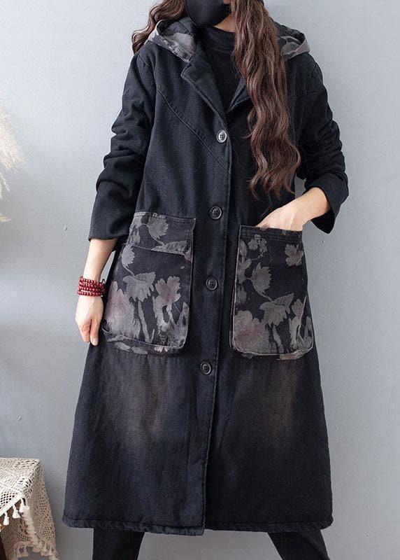 Fine Plus Size Clothing Coats Denim Black Hooded Pockets Outwear - Trench coats - DYAVOR®