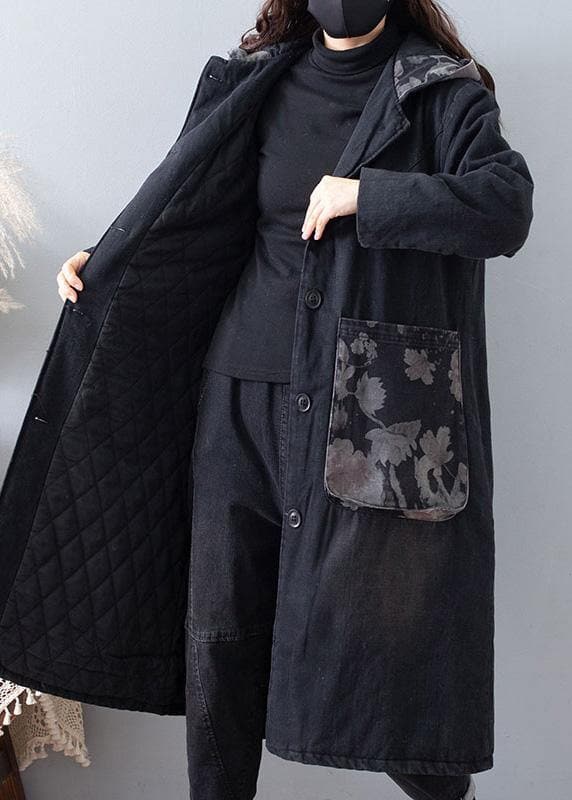 Fine Plus Size Clothing Coats Denim Black Hooded Pockets Outwear - Trench coats - DYAVOR®