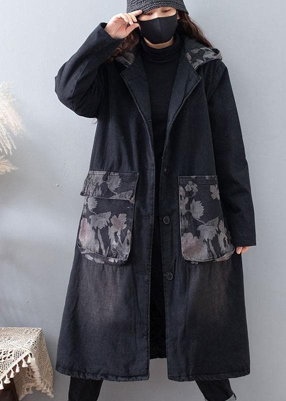 Fine Plus Size Clothing Coats Denim Black Hooded Pockets Outwear - Trench coats - DYAVOR®