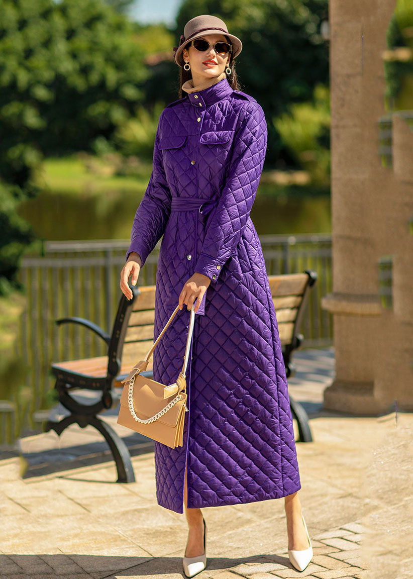 Fine Purple Stand Collar Sashes Lengthen Fine Cotton Filled Puffer Jacket Winter - Down Jackets - DYAVOR®