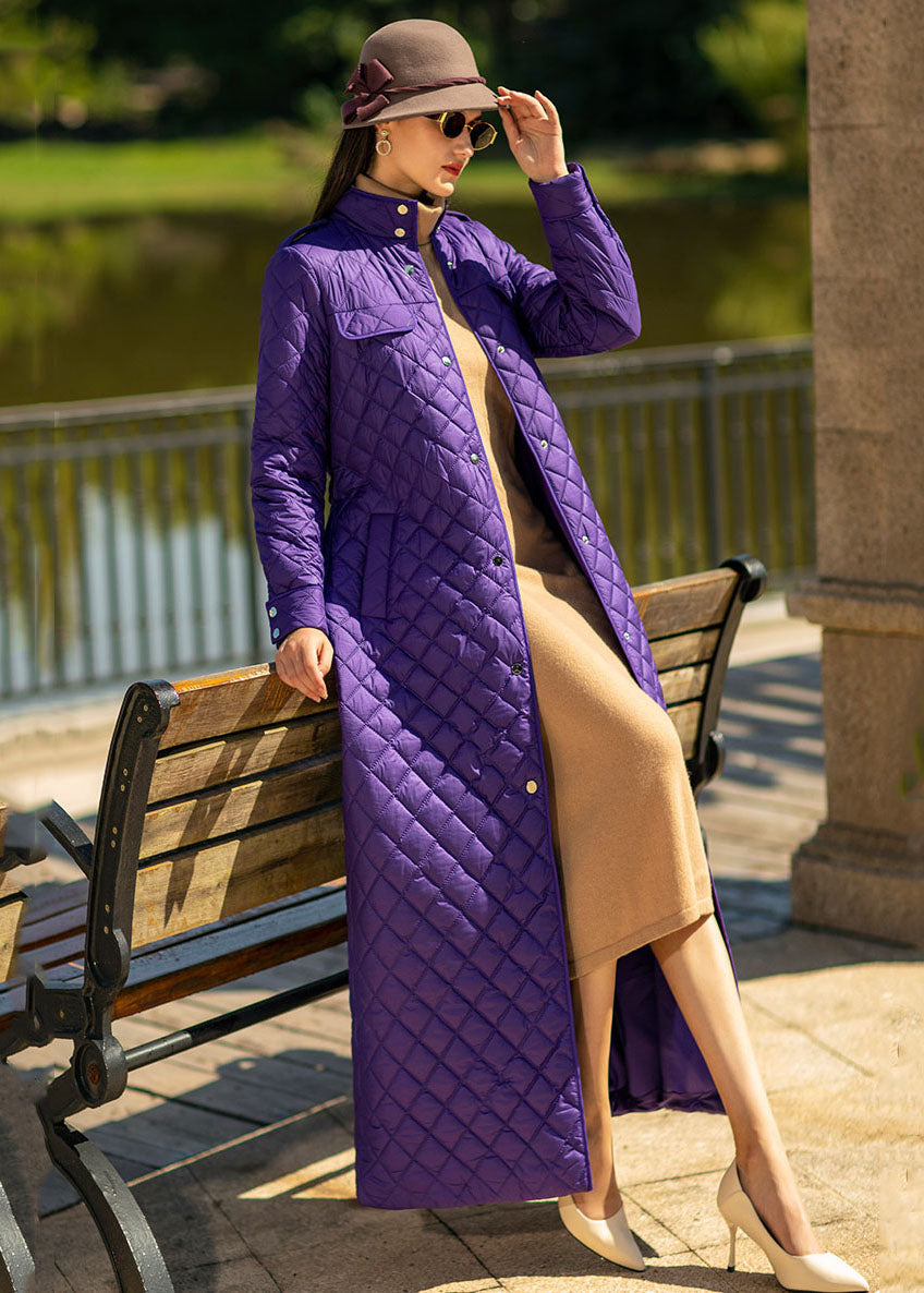 Fine Purple Stand Collar Sashes Lengthen Fine Cotton Filled Puffer Jacket Winter - Down Jackets - DYAVOR®