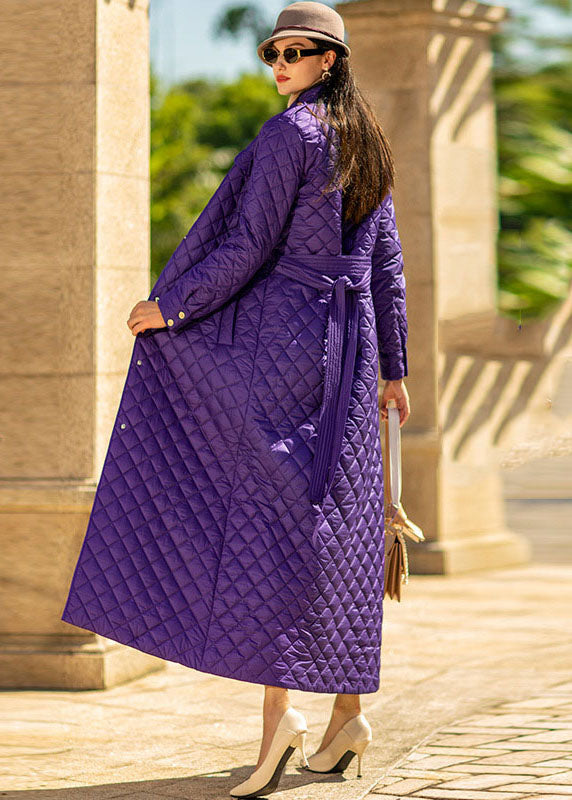 Fine Purple Stand Collar Sashes Lengthen Fine Cotton Filled Puffer Jacket Winter - Down Jackets - DYAVOR®