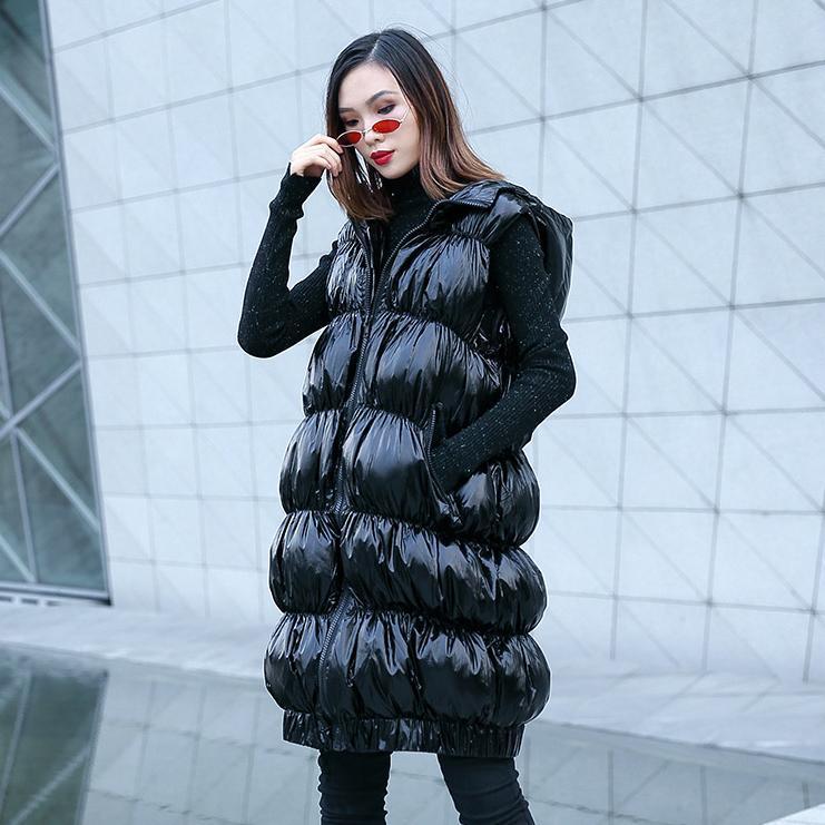 Fine black down jacket plus size hooded zippered Puffers Jackets Warm Sleeveless tunic - - DYAVOR®