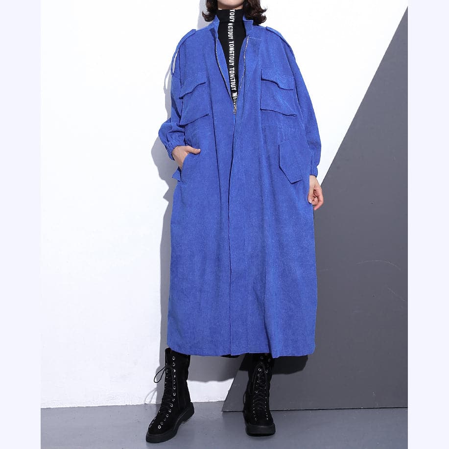 Fine blue long coat plus size Stand zippered trench coat boutique long sleeve pockets baggy long coats - - DYAVOR®
