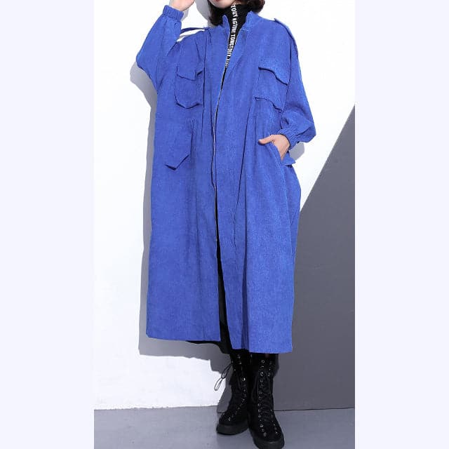 Fine blue long coat plus size Stand zippered trench coat boutique long sleeve pockets baggy long coats - - DYAVOR®