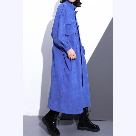 Fine blue long coat plus size Stand zippered trench coat boutique long sleeve pockets baggy long coats - - DYAVOR®