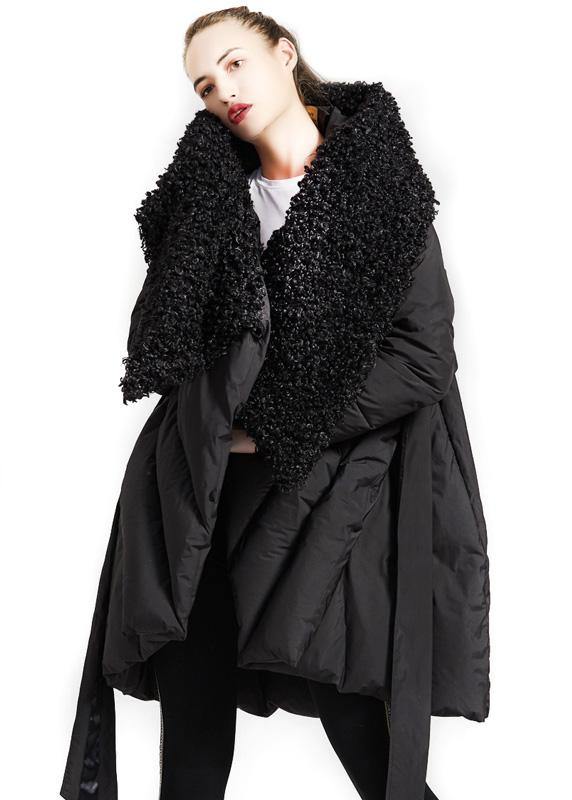 Fine plus size womens parka tie waist coats black fur collar goose Down coat - - DYAVOR®