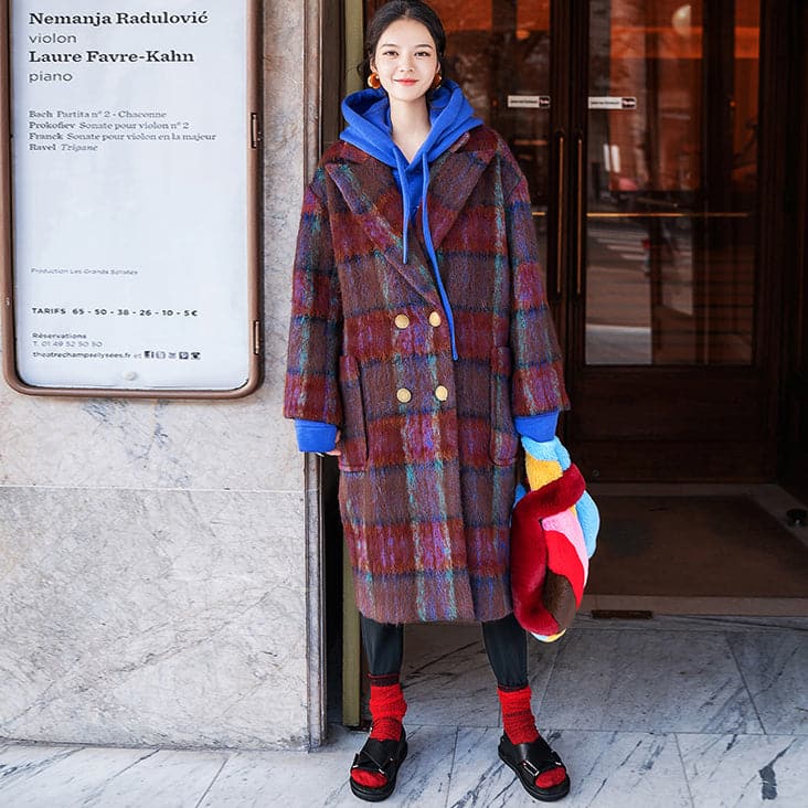 Fine red blue Plaid coats plus size Notched trench coat New double breasted Wool Coat - - DYAVOR®