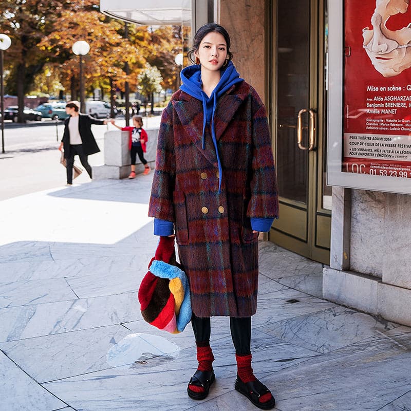 Fine red blue Plaid coats plus size Notched trench coat New double breasted Wool Coat - - DYAVOR®