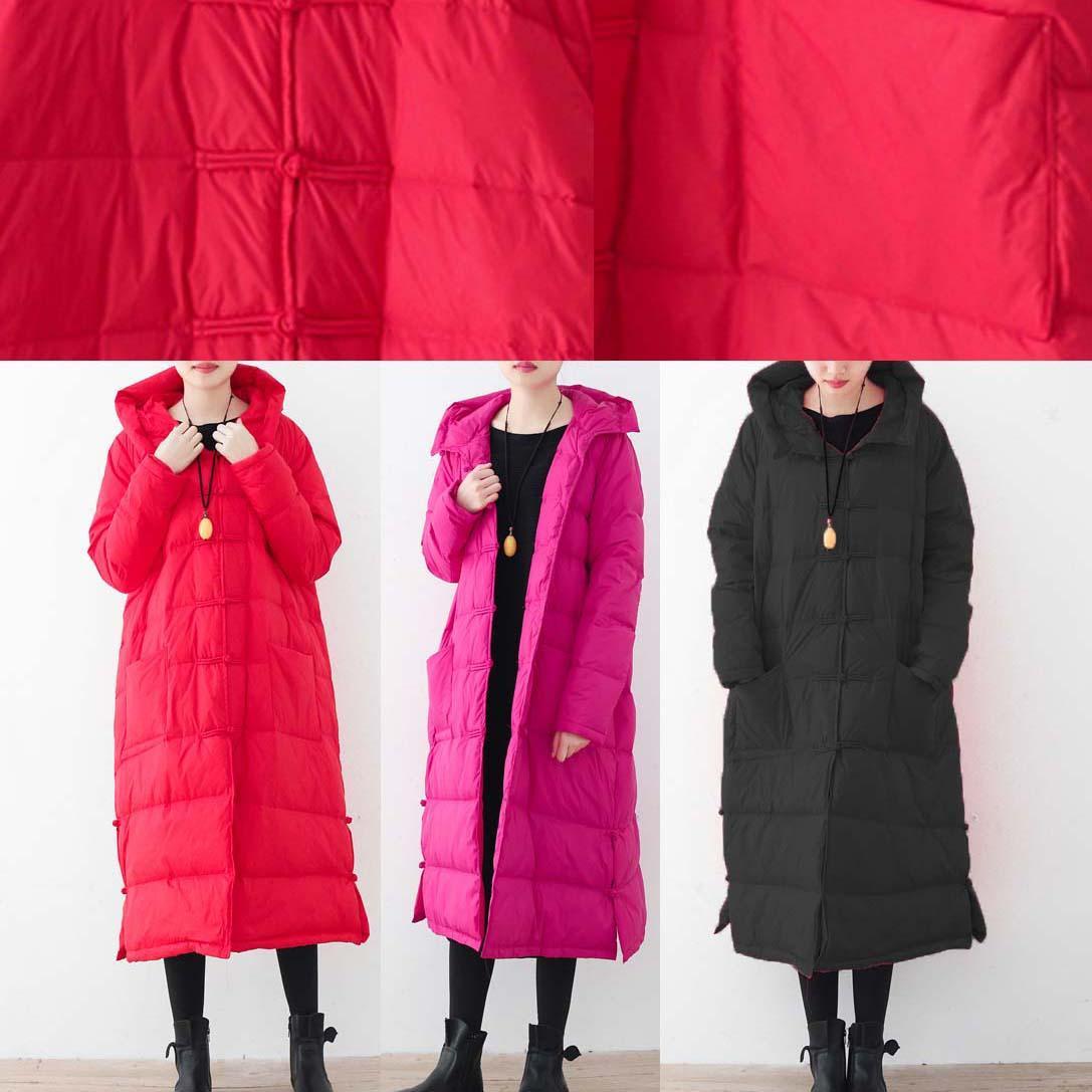 Fine rose red Puffers Jackets Loose fitting down jacket New hooded winter outwear Chinese Button - - DYAVOR®