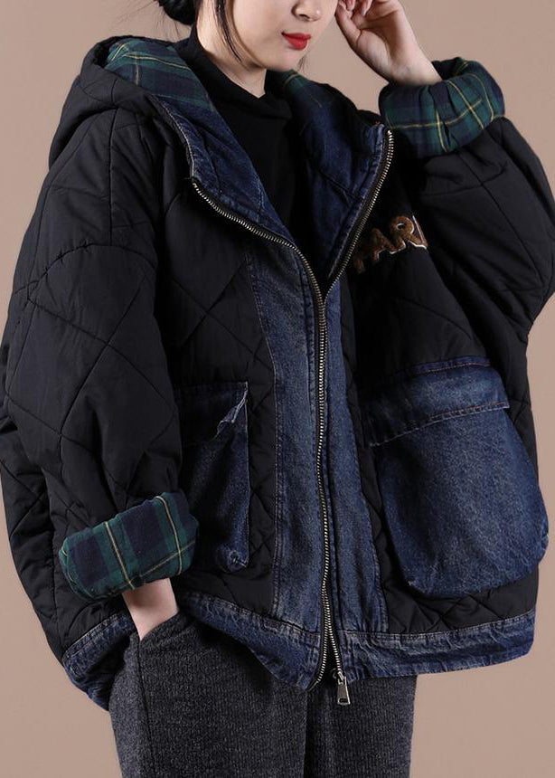 Fine black Parkas for women Loose fitting snow jackets hooded patchwork plaid winter outwear - Down Jackets - DYAVOR®