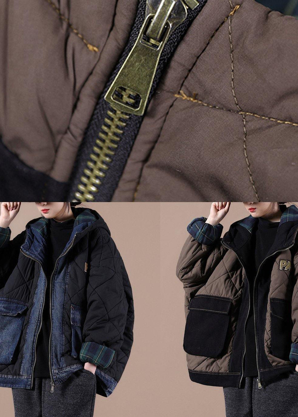 Fine black Parkas for women Loose fitting snow jackets hooded patchwork plaid winter outwear - Down Jackets - DYAVOR®