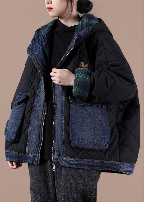Fine black Parkas for women Loose fitting snow jackets hooded patchwork plaid winter outwear - Down Jackets - DYAVOR®
