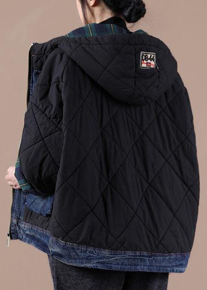 Fine black Parkas for women Loose fitting snow jackets hooded patchwork plaid winter outwear - Down Jackets - DYAVOR®