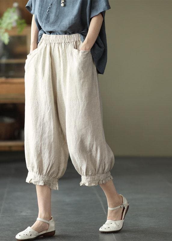 Fitted Green Elastic Waist Pockets Harem Pants Linen - Pants - DYAVOR®