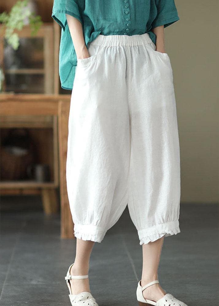 Fitted Green Elastic Waist Pockets Harem Pants Linen - Pants - DYAVOR®