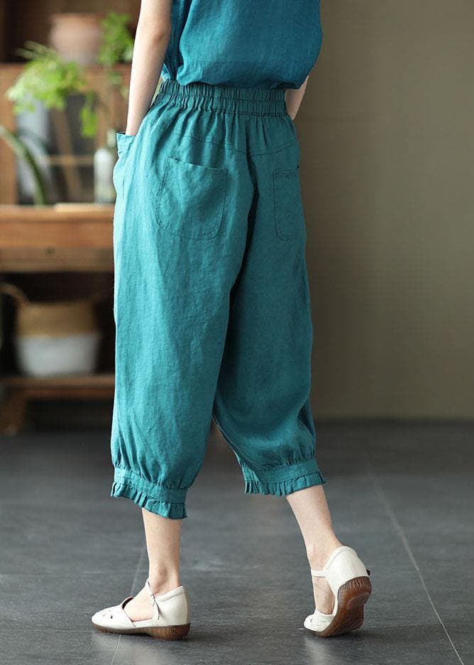 Fitted Green Elastic Waist Pockets Harem Pants Linen - Pants - DYAVOR®