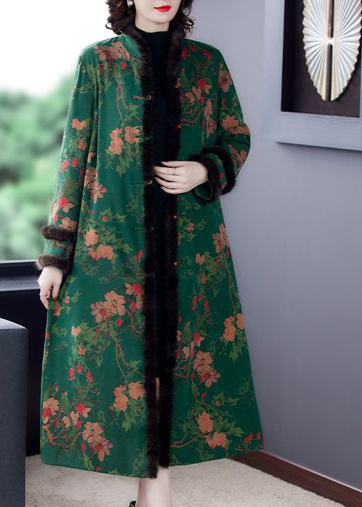Fitted Green Stand Collar Print Mink Hair Fine Cotton Filled Coats Winter - Down Jackets - DYAVOR®