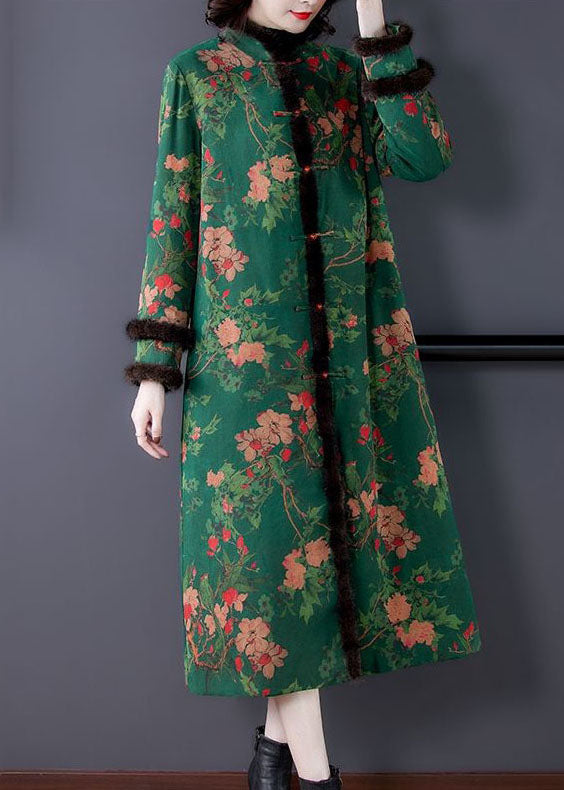 Fitted Green Stand Collar Print Mink Hair Fine Cotton Filled Coats Winter - Down Jackets - DYAVOR®