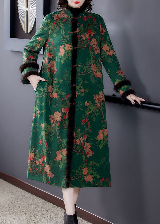 Fitted Green Stand Collar Print Mink Hair Fine Cotton Filled Coats Winter - Down Jackets - DYAVOR®