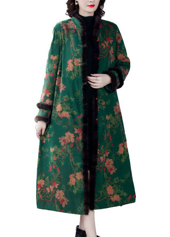 Fitted Green Stand Collar Print Mink Hair Fine Cotton Filled Coats Winter - Down Jackets - DYAVOR®