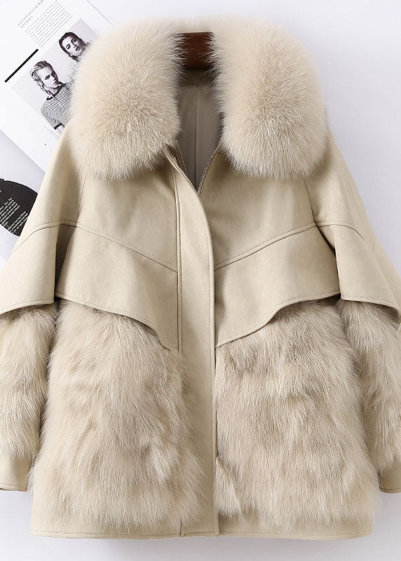 Fitted Khaki Zip Up Fox fur Patchwork Leather Puffer Jacket Winter - Down Jackets - DYAVOR®