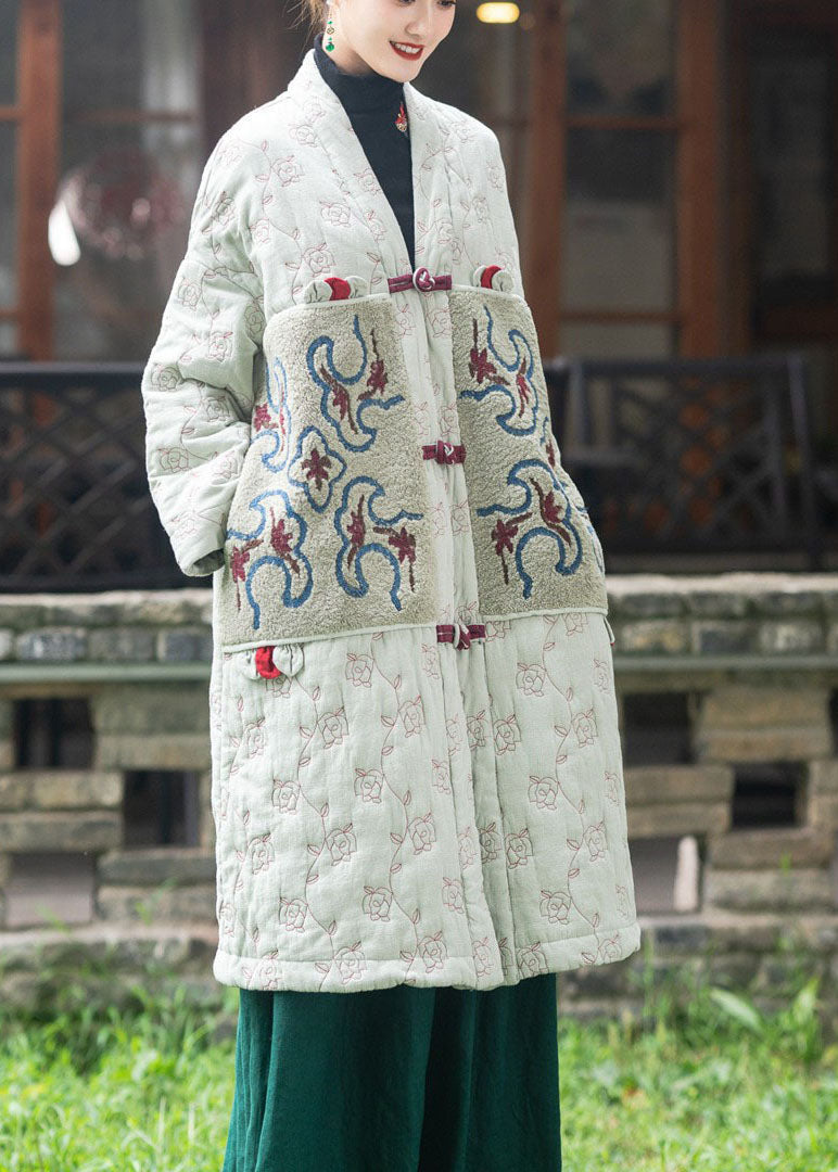 Fitted Light Green Embroideried Patchwork Fine Cotton Filled Puffers Jackets Winter - Down Jackets - DYAVOR®