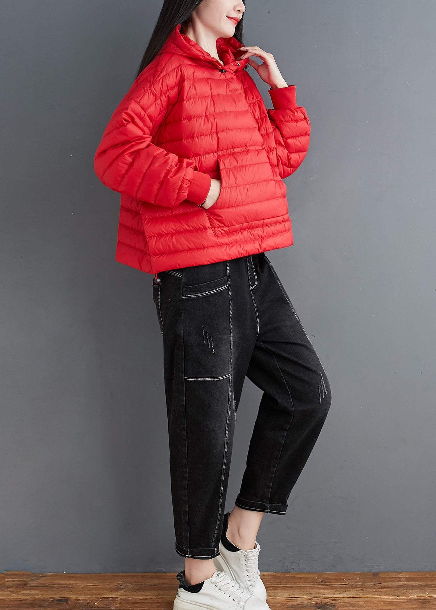 Fitted Red Hooded Pockets Fine Cotton Filled Coats Winter - Down Jackets - DYAVOR®