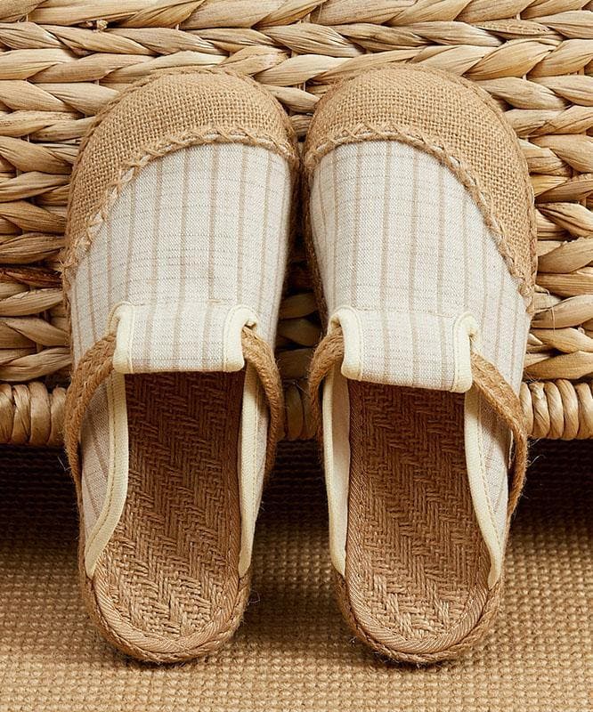 Fitted Slippers Shoes Beige Striped Cotton Linen Fabric - Slide Sandals - DYAVOR®