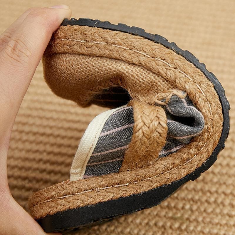 Fitted Slippers Shoes Beige Striped Cotton Linen Fabric - Slide Sandals - DYAVOR®