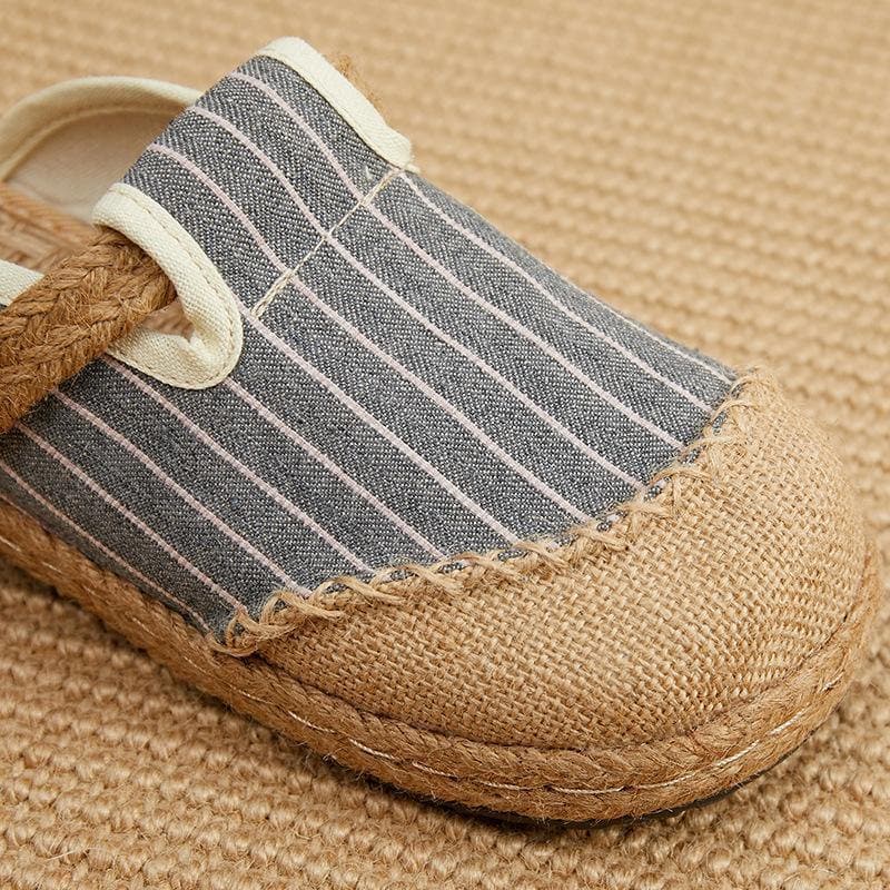 Fitted Slippers Shoes Beige Striped Cotton Linen Fabric - Slide Sandals - DYAVOR®
