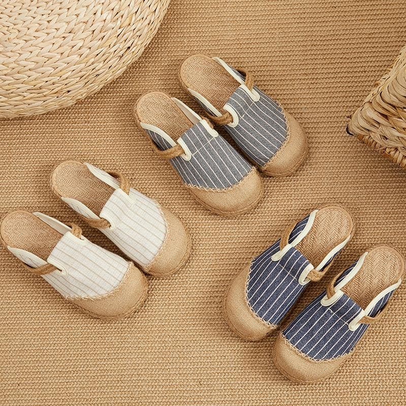 Fitted Slippers Shoes Beige Striped Cotton Linen Fabric - Slide Sandals - DYAVOR®