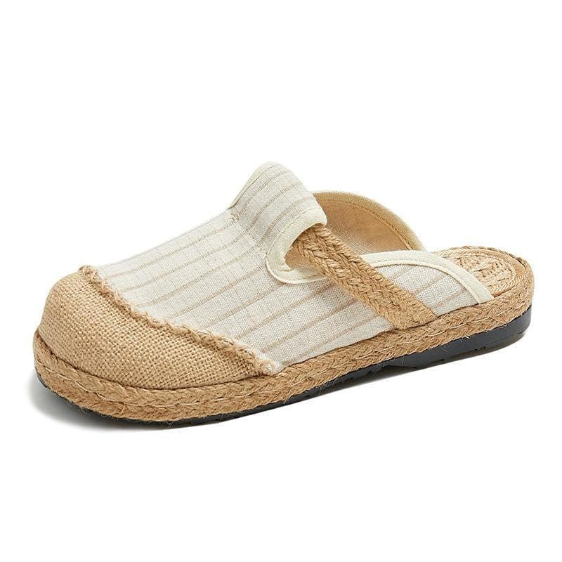 Fitted Slippers Shoes Beige Striped Cotton Linen Fabric - Slide Sandals - DYAVOR®