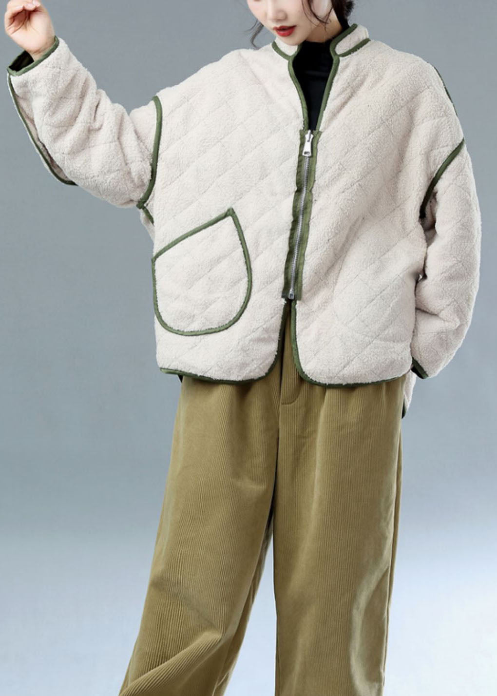 French Army Green Zip Up Wear On Both Sides Fleece Wool Lined Jackets Winter - Down Jackets - DYAVOR®