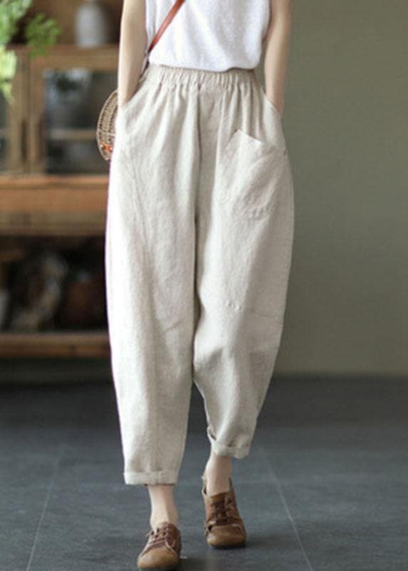 French Beige Elastic Waist Harem Summer Pants Linen - Pants - DYAVOR®