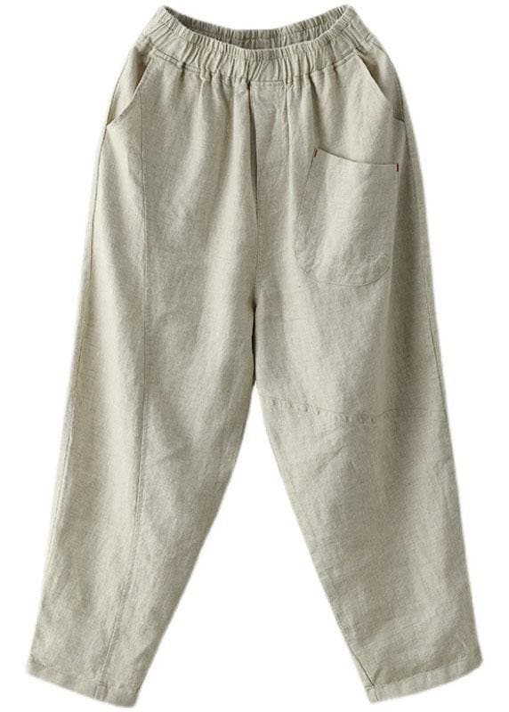 French Beige Elastic Waist Harem Summer Pants Linen - Pants - DYAVOR®