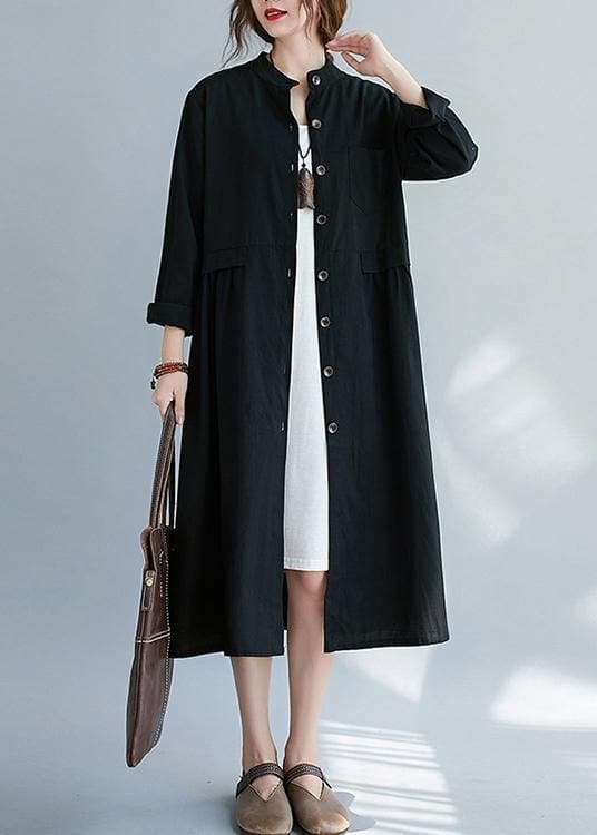 French Black Clothes Stand Collar Button Down A Line Spring Dress - Trench coats - DYAVOR®