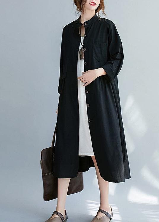 French Black Clothes Stand Collar Button Down A Line Spring Dress - Trench coats - DYAVOR®