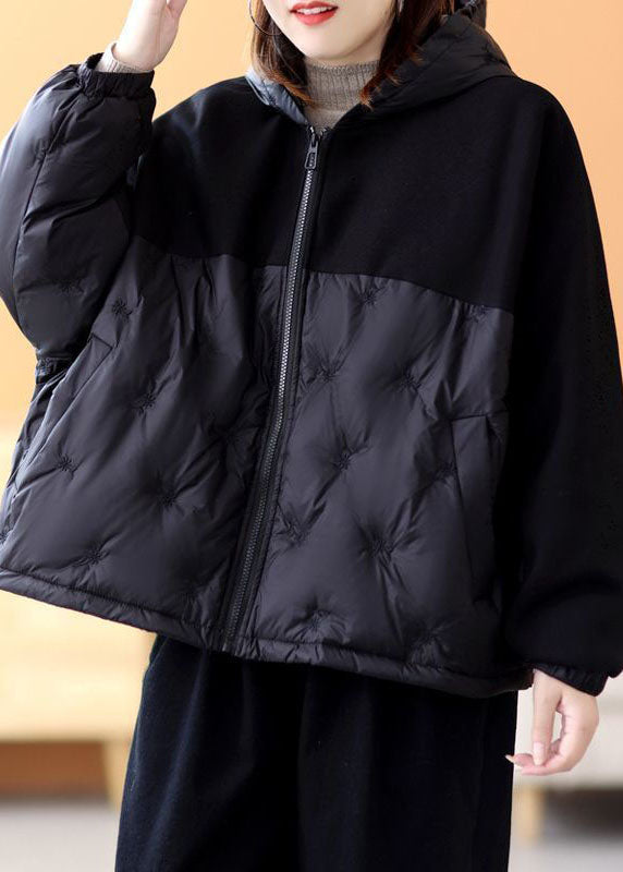 French Black Hooded Patchwork Embroideried Duck Down Winter Coats - Down Jackets - DYAVOR®
