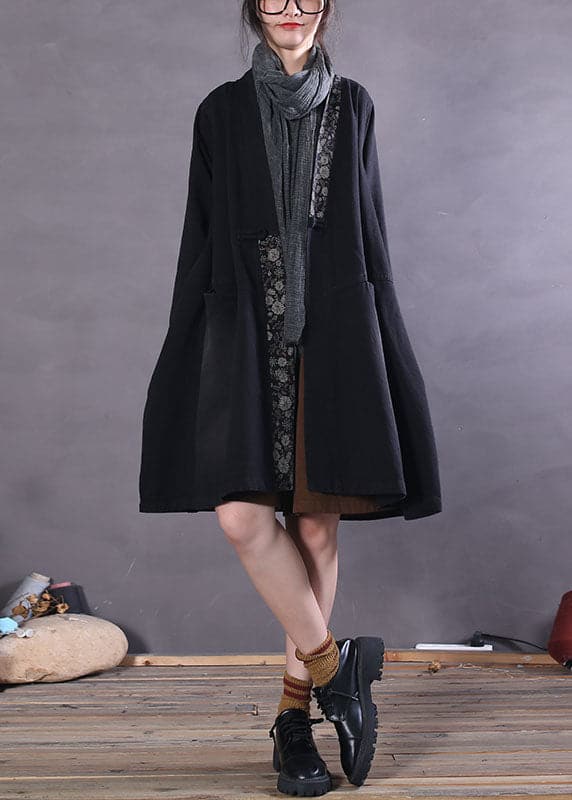 French Black V Neck Patchwork denim Spring outwear - Trench coats - DYAVOR®
