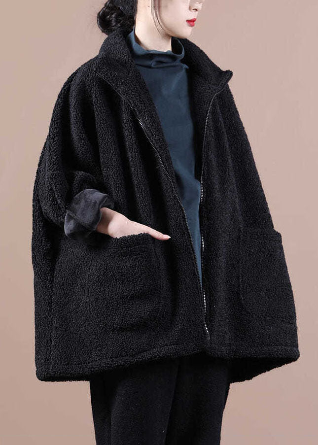 French Black Zip Up Pockets Thick Teddy Faux Fur Jacket Batwing Sleeve - Down Jackets - DYAVOR®