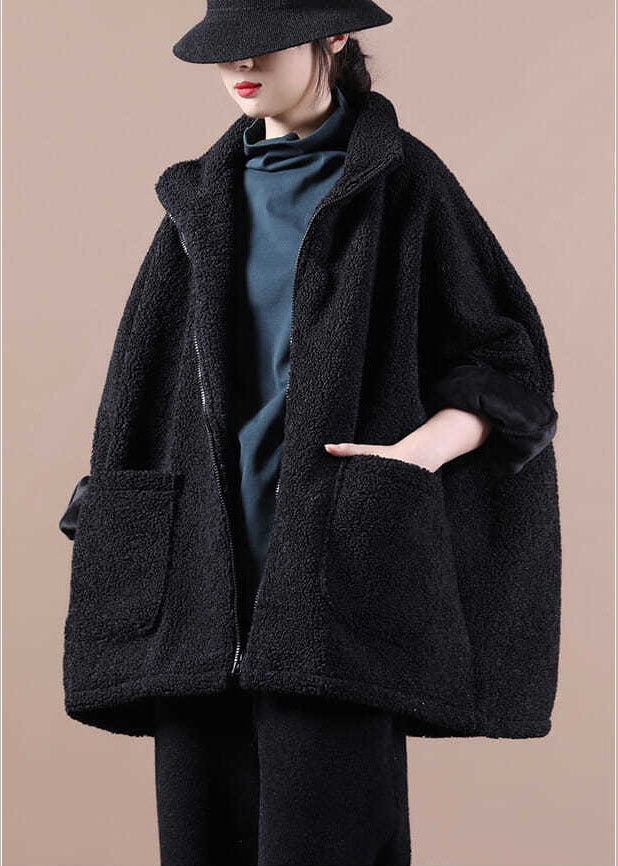 French Black Zip Up Pockets Thick Teddy Faux Fur Jacket Batwing Sleeve - Down Jackets - DYAVOR®