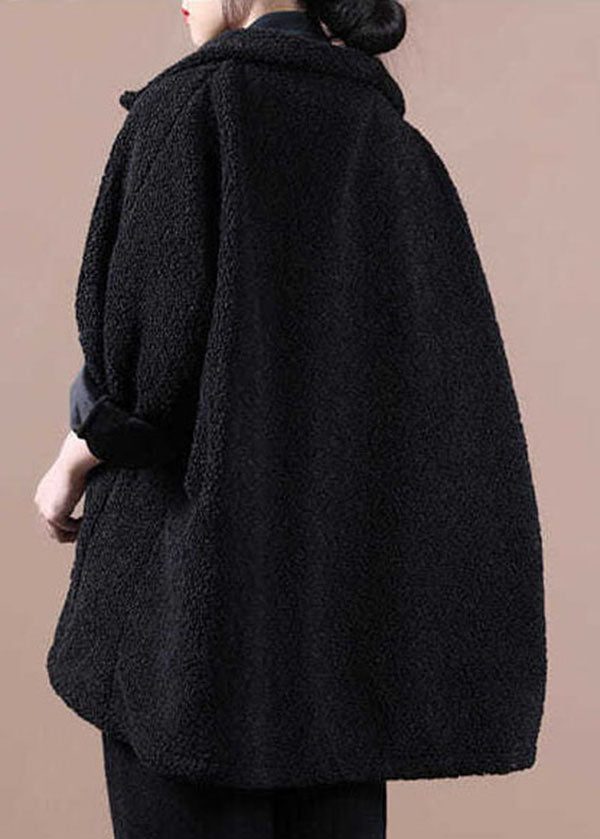 French Black Zip Up Pockets Thick Teddy Faux Fur Jacket Batwing Sleeve - Down Jackets - DYAVOR®