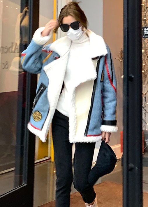French Blue Zip Up denim Patchwork Faux Fur Winter Coat - Down Jackets - DYAVOR®