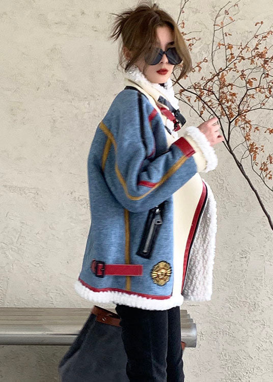 French Blue Zip Up denim Patchwork Faux Fur Winter Coat - Down Jackets - DYAVOR®