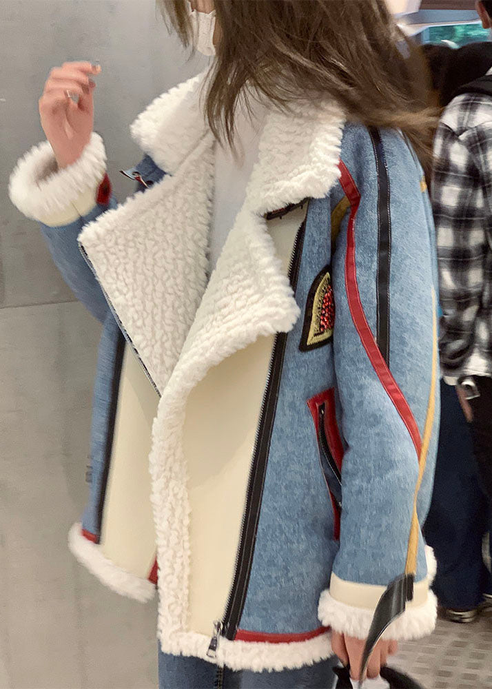 French Blue Zip Up denim Patchwork Faux Fur Winter Coat - Down Jackets - DYAVOR®