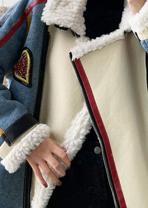French Blue Zip Up denim Patchwork Faux Fur Winter Coat - Down Jackets - DYAVOR®